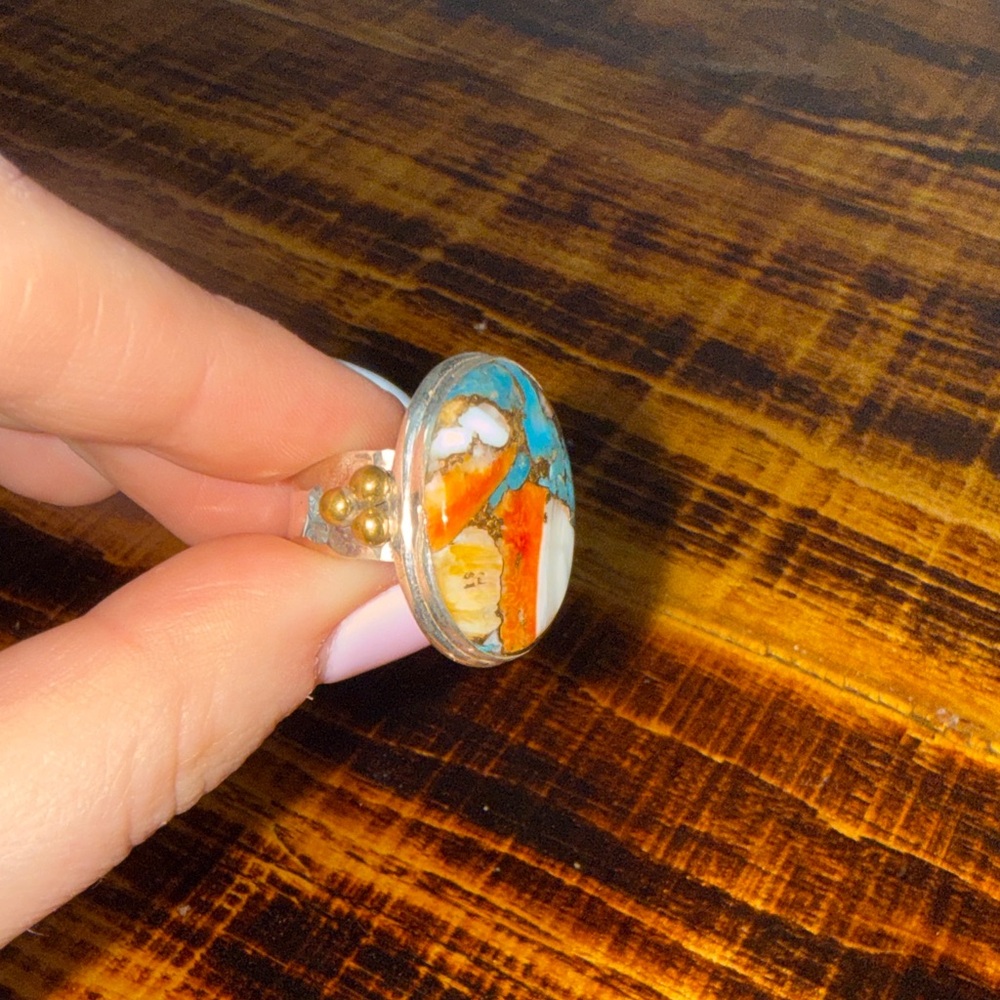 Handmade Turquoise and Coral Inlay Silver Ring